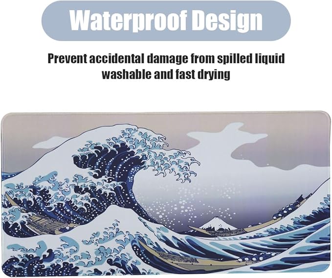Large Japanese Sea Wave Mouse Pad, Blue Anime Desk Mat,Extended Non-Slip Keyboard Mouse Pad Kanagawa Office Desk Pad 23.6" x 11.8" Gaming Mouse Pad Desktop Protector for Office and Home
