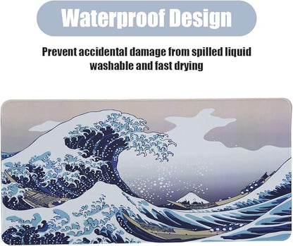 Large Japanese Sea Wave Mouse Pad, Blue Anime Desk Mat,Extended Non-Slip Keyboard Mouse Pad Kanagawa Office Desk Pad 23.6" x 11.8" Gaming Mouse Pad Desktop Protector for Office and Home