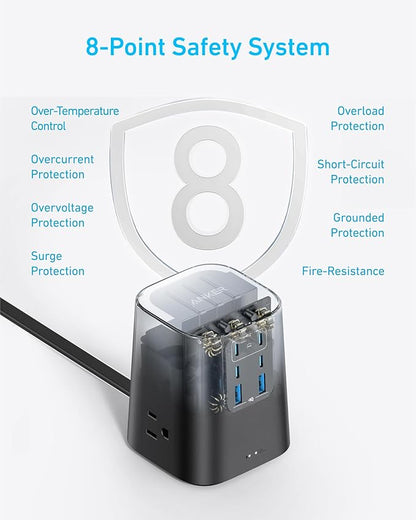 Anker Desktop Charger, 9-in-1 Power Strip with 300J Surge Protector, 5ft Flat Plug Extension Cord with Multiple Devices, 100W USB C Charger with 3 AC, 2 USB A, 4 USB C, Home Office, Desk Accessories