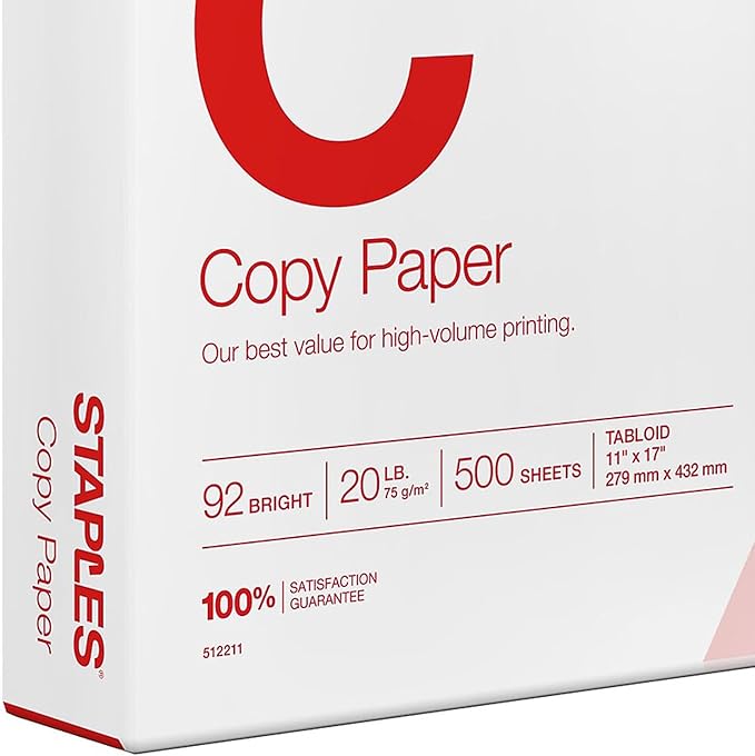 Staples 512211 11-Inch X 17-Inch Copy Paper 20 Lbs 92 Brightness 500/Ream (190450)
