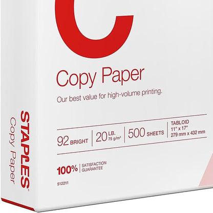 Staples 512211 11-Inch X 17-Inch Copy Paper 20 Lbs 92 Brightness 500/Ream (190450)