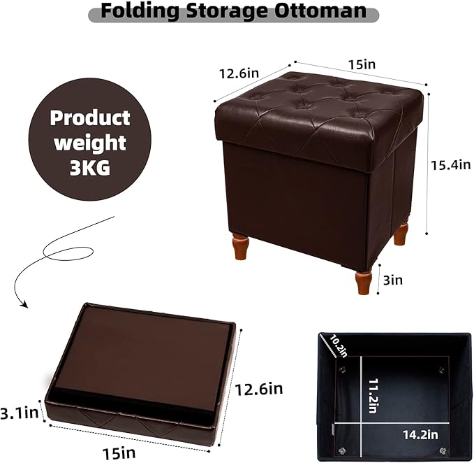 CAROLMADE Folding Storage Ottoman Cube PU Leather Footstool with Wood Legs Ottoman Footrest for Living Room and Bedroom Brown, 15x12.6 x 15.4”
