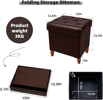 CAROLMADE Folding Storage Ottoman Cube PU Leather Footstool with Wood Legs Ottoman Footrest for Living Room and Bedroom Brown, 15x12.6 x 15.4”