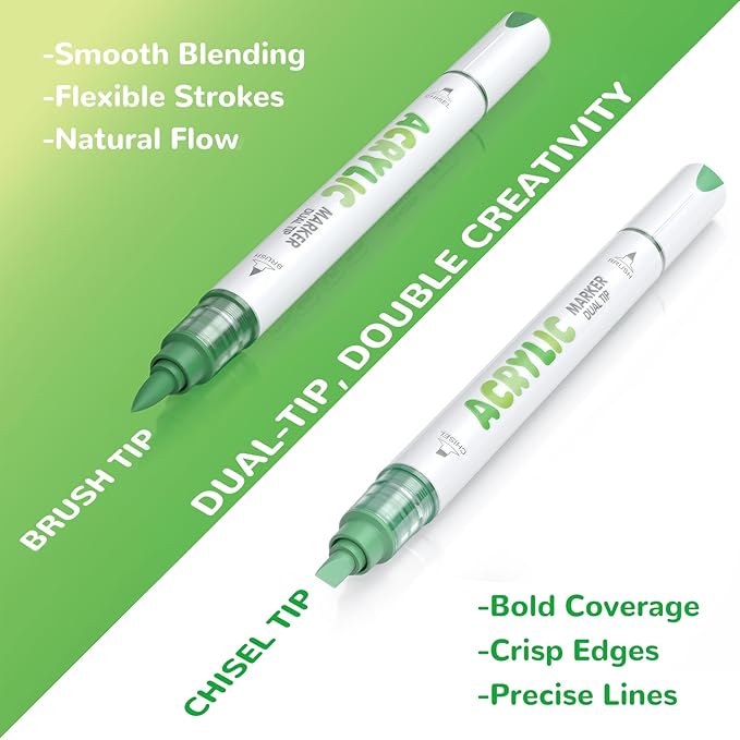 Guangna 12 Green Dual Tip Acrylic Paint Markers, Brush Tip & Chisel Tip Acrylic Paint Pens for Pumpkin Paint, Rock, Wood, Glass, Paper, Coloring Book, Ceramic, Canvas, Water-Based Ink