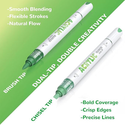 Guangna 12 Green Dual Tip Acrylic Paint Markers, Brush Tip & Chisel Tip Acrylic Paint Pens for Pumpkin Paint, Rock, Wood, Glass, Paper, Coloring Book, Ceramic, Canvas, Water-Based Ink