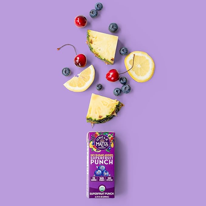 Uncle Matt’s Organic No Sugar Added Superfruit Punch Juice Boxes for Kids with Vitamin C, D, Zinc, Only 40 calories, 32 pack of 6.75 oz Boxes