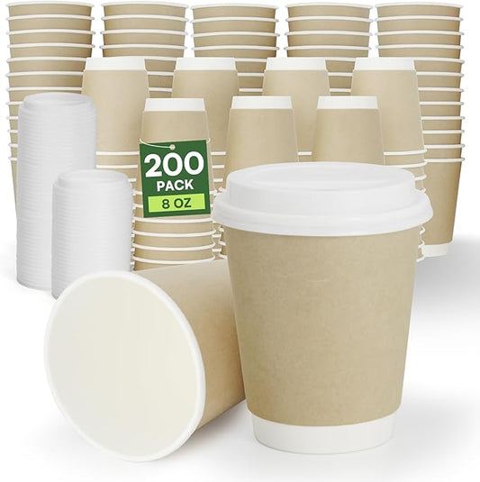 Disposable Coffee Cups with Lids 8 oz Paper Cups 200 Pack Double Wall Hot Cups with Lids Compostable Coffee Cups PLA Coated Natural Kraft Insulated Disposable Cups for Togo Office Coffee Bar Travel