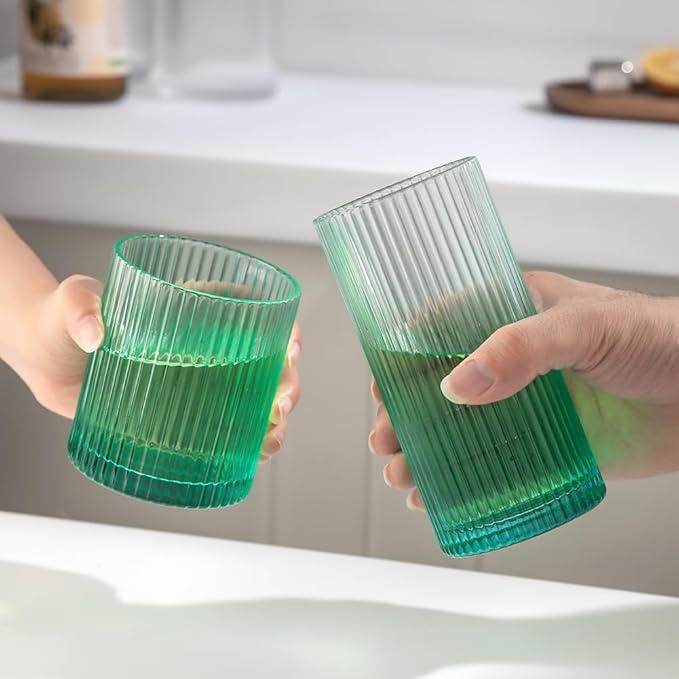 Ribbed Drinking Glasses 8pcs, 12oz and 10oz Glassware, Tumbler Glasses Cup Set for Wedding, Party, Christmas Gift, Green