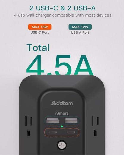 Surge Protector Outlet Extender, Addtam Multi Plug Wall Outlet with 4 USB Ports(2 USB-C), 3-Sided 1800J Power Strip Plug Extension Outlet Splitter, Black