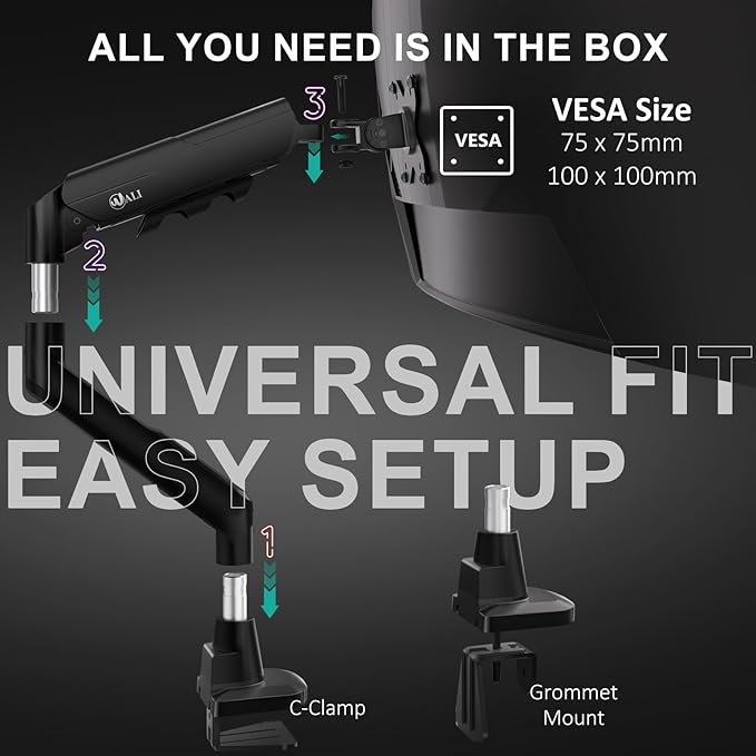 WALI Single Monitor Arm with Desk Mount for 17–49 Inch Screens – Holds Up to 33 lbs, Fully Adjustable VESA Monitor Stand, Heavy Duty Gas Spring for Gaming & Home Office (GSM001XLN)