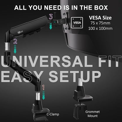 WALI Single Monitor Arm with Desk Mount for 17–49 Inch Screens – Holds Up to 33 lbs, Fully Adjustable VESA Monitor Stand, Heavy Duty Gas Spring for Gaming & Home Office (GSM001XLN)