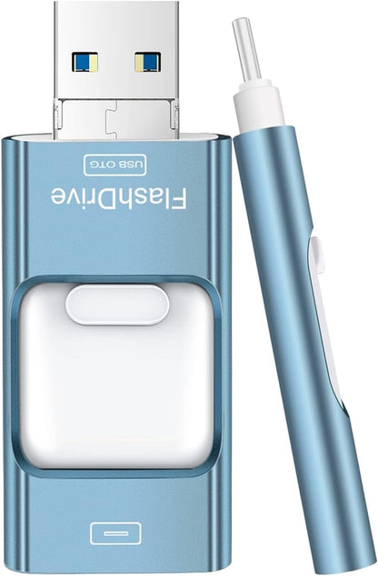 Thumb Drive for iPhone 128GB, 4 in 1 USB Type C Memory Stick, Photo Stick External Storage Falsh Drive for iPhone iPad Android Computer, Sky Blue