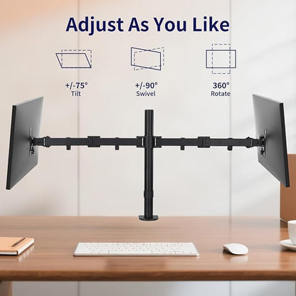 Dual Monitor Mount, Heavy Duty Adjustable Double Arm Desk Stand for 13-27” Screens, Monitor Arm Desk Mount Holds Up to 22lbs with C Clamp/Grommet Base