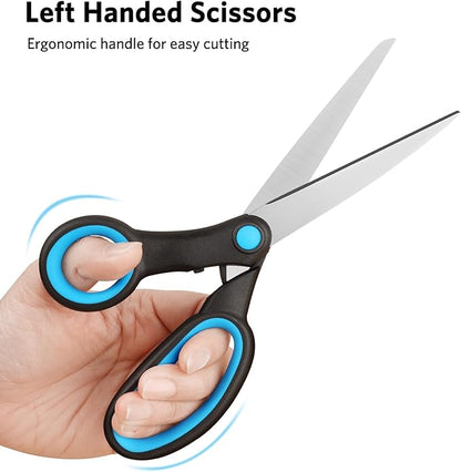 Left-Handed Scissors, 2 Pieces 8-Inch Stainless Steel Scissors Set with Soft Grip for Home, School, Office, Sewing Fabrics, Blue