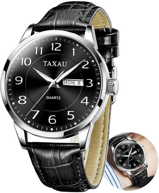 Men's Watch Big Face Easy Read Arabic Numeral Dress Watches for Men Classic Black Brown Leather Band Analog Mens Wrist Watch with Day and Date Fashion Business Waterproof Luminous Quartz Watch