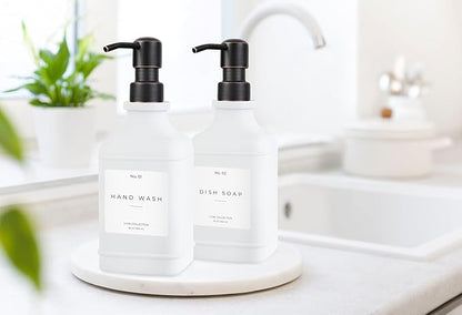 Emerson Essentials Soap Dispenser, Dish Soap Dispenser, Farmhouse Bottles, Hand Soap Dispenser, Kitchen Soap Dispenser Set - Glass Soap Dispenser with Pump and Labels, 16 Oz, 2 Pack