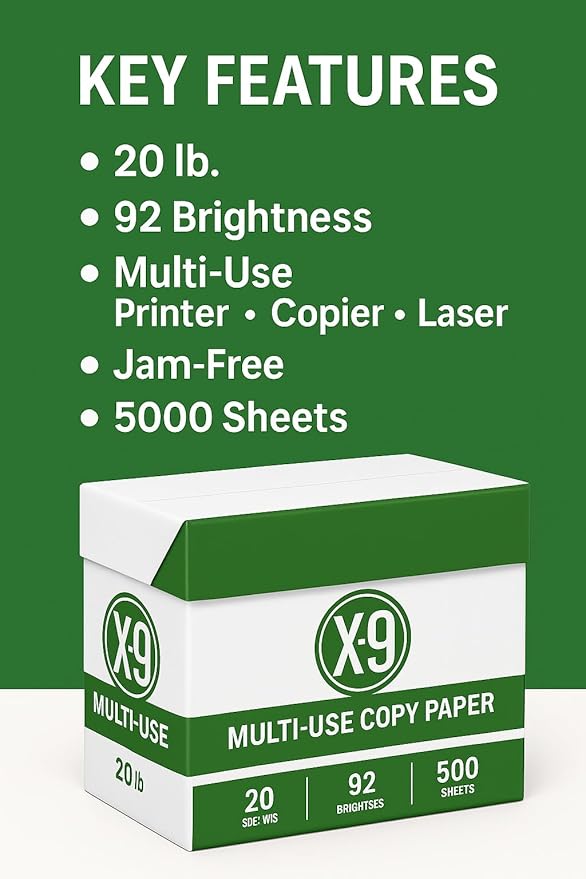 8.5 x 11 Copy Paper, 10 Reams (5000 Sheets), 20 lb White Printer & Copier Paper, 92 Brightness Multi-Use Letter Size - X-9 Series - Paper for Home, Office & School Printing