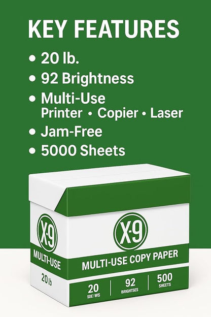 8.5 x 11 Copy Paper, 10 Reams (5000 Sheets), 20 lb White Printer & Copier Paper, 92 Brightness Multi-Use Letter Size - X-9 Series - Paper for Home, Office & School Printing