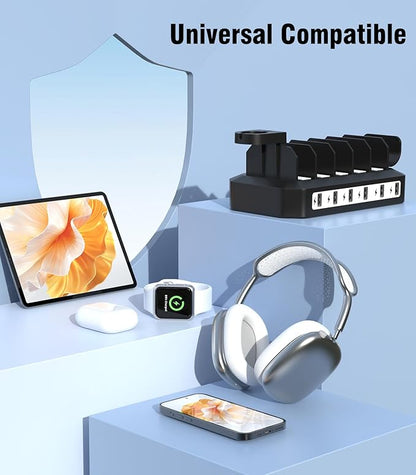 Charging Station for Multiple Devices: 6 Port USB Charger Stations - Family Multi-Device Organizer Charging Dock - Safer Designed for iPhone iPad Android Cell Phone Tablet(6 Cables Included)