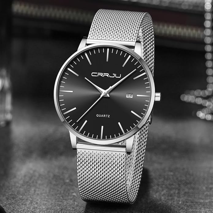 CRRJU Men's Minimalist Casual Luxury Auto Date Watches Fashion Business Japan Movement Quartz Waterproof Wristwatches for Men Stainsteel Steel Band Watch