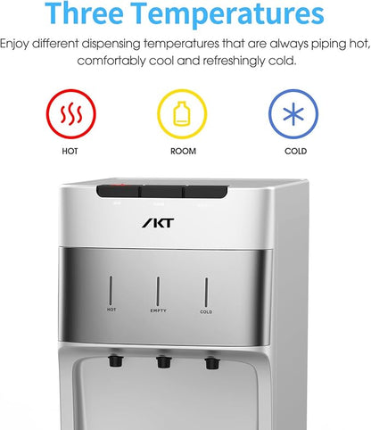 IKT Self Cleaning Bottom Load Water Cooler Dispenser 3 5 Gallon Hot, Cold & Room Temperature Water, Empty Bottle Alert, Child Safety Lock,Silver