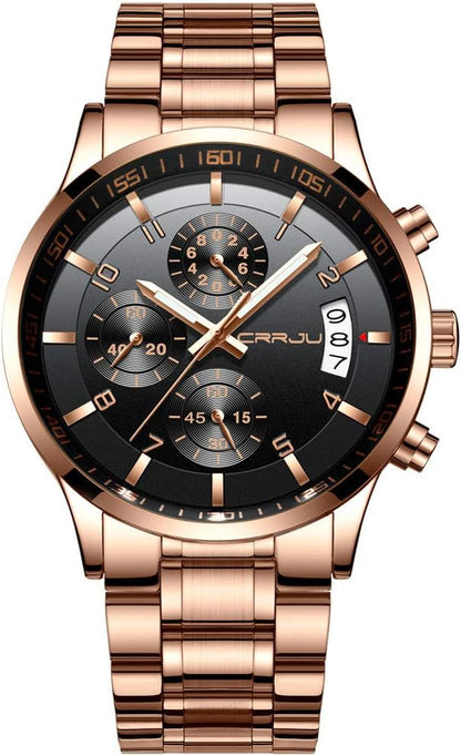 CRRJU Men's Fashion Stainless Steel Watches Date Waterproof Chronograph Wristwatches,Black Steel Band Waterproof Quartz Watch for Men