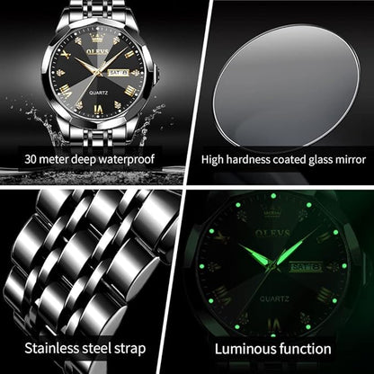 OLEVS Watches for Men Diamond Business Dress Analog Quartz Stainless Steel Date Luxury Casual Fashion Wrist Watch Waterproof Luminous