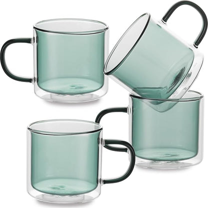 Double Wall Insulated Glass Tea Cups Set of 4, Clear Borosilicate Espresso Shot Cups for Espresso Machine, Glass Teacups Coffee Mugs with Handle for Cappuccino Latte, Green, 10OZ/280ML