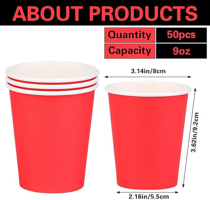 Paper Cups 8 oz 50 Pack, Disposable Paper Coffee Cups for Hot or Cold Beverage Drinking for Party, Picnic, BBQ, Travel, and Event -Red