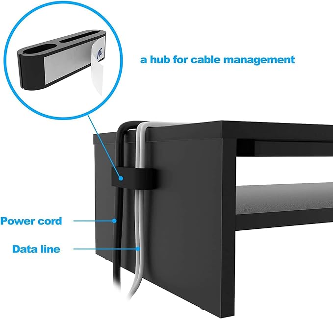 BONTEC Wood Monitor Stand Riser, 2-Tier Desktop Organizer with Storage, Ergonomic Computer Stand for Desk, Cable Management, Cellphone Holder, 21.3 Inch Shelf, Black