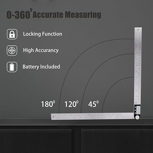 Delgada 12 inch/300mm Digital Angle Finder Tool Stainless Steel Digita Protractor Angle Ruler Finder Tool for Woodworking with Zeroing and Locking Function Battery