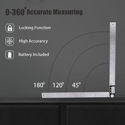 Delgada 12 inch/300mm Digital Angle Finder Tool Stainless Steel Digita Protractor Angle Ruler Finder Tool for Woodworking with Zeroing and Locking Function Battery