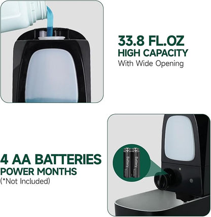 Commercial Automatic Soap Dispenser Large 34oz/1000ml Capacity Wall-Mounted Touchless Liquid Dispenser for High-Traffic Restrooms, Offices, Hospitals Model 1220S Black