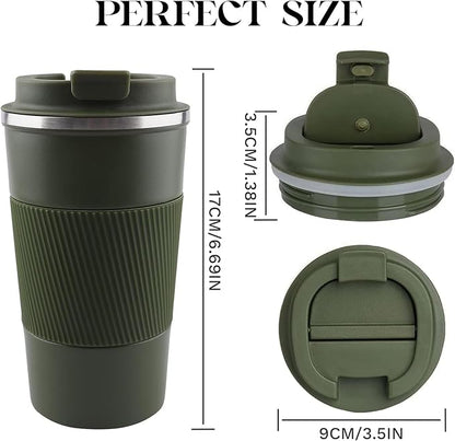 YINBAOGE Insulated Travel Coffee Mug, Spill & Leak Proof, Portable To Go Camping Stainless Steel Coffee Tumbler, Reusable Thermal Coffee Cup with Lid for Hot & Cold Drinks (Green, 17 OZ)