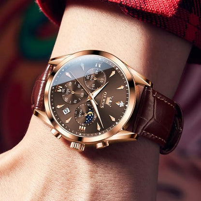 OLEVS Men's Leather Analog Quartz Watch - Luxury Chronograph Wristwatch With Date, Waterproof, Luminous - Dress Style