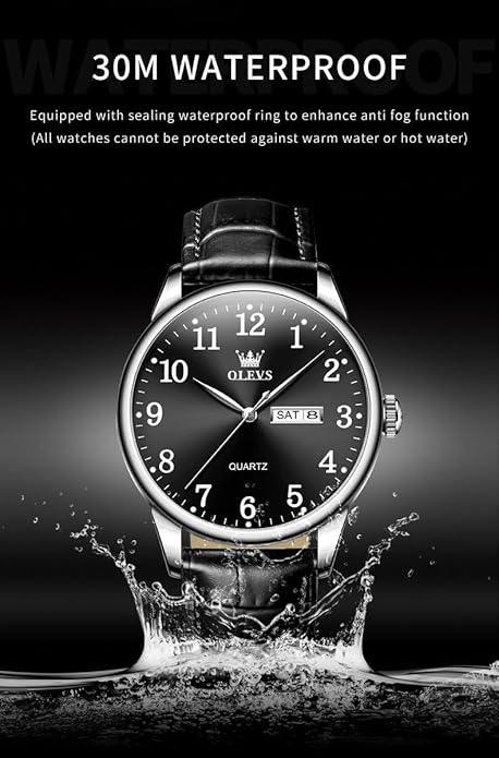 OLEVS Mens Watches Vintage Leather Band Dress Classic Easy Reader Arabic Numerals Analog Quartz Waterproof Date and Day Blue/Black/White Large Face Men's Wrist Watches