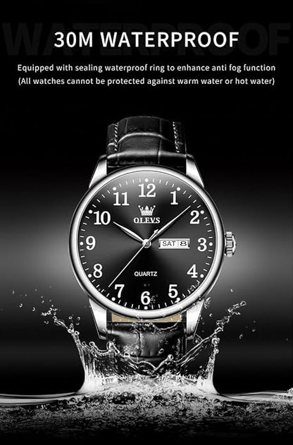 OLEVS Mens Watches Vintage Leather Band Dress Classic Easy Reader Arabic Numerals Analog Quartz Waterproof Date and Day Blue/Black/White Large Face Men's Wrist Watches