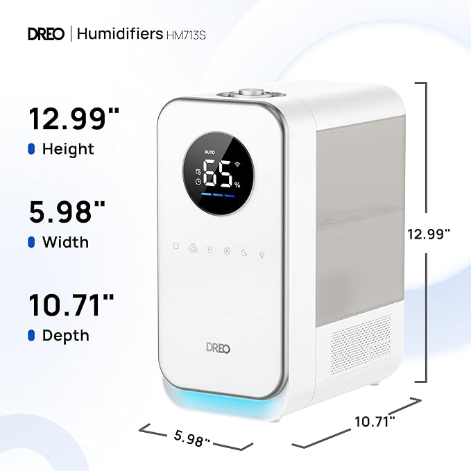 DREO Humidifiers for Bedroom, Top-filled Smart Quiet Cool Mist Humidifiers for Large Room Home, Oil Diffuser & Nightlight, 50Hours Runtime for Indoor Plants, with Alexa/Google, Grey