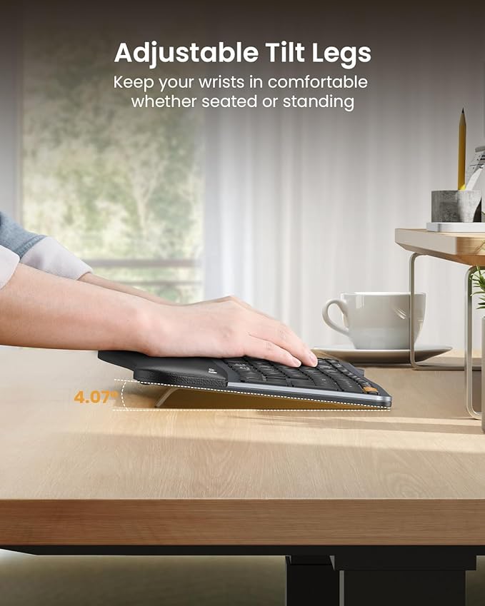 Backlit Bluetooth Ergonomic Keyboard, ProtoArc EK01 Plus Full Size Wireless Split Keyboard with Dual Bluetooth and USB, Cushioned Wrist Rest, Rechargeable for Windows/Mac/Android, Grey Black