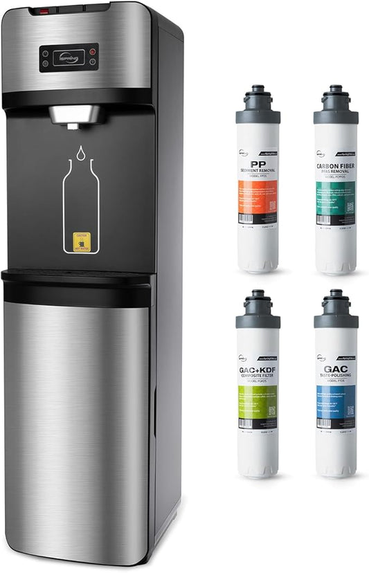 iSpring Bottleless Water Dispenser with 4-Stage Filtration, SGS-Tested 99% of PFAS Removal, Water Cooler Dispenser - Hot, Cold, Room Temp, Self Cleaning, Stainless Steel, Silver, Model: DS4S-PF