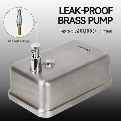 Commercial Soap Dispenser Wall Mount, Brushed Stianless Steel Finish Manual Soap Dispenser - 37oz (1100ml) Model 1003