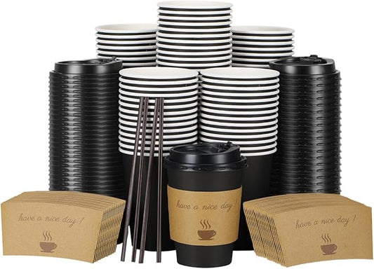 100 pack 12 oz Thickened Coffee Cups with Lids, Scald Resistant Hot Cups with Sleeve and Straw, To Go Coffee Cups for Home, Office, Cafes and Party (Black 12oz)