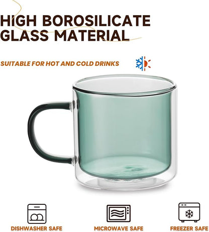 Double Wall Insulated Glass Tea Cups Set of 4, Clear Borosilicate Espresso Shot Cups for Espresso Machine, Glass Teacups Coffee Mugs with Handle for Cappuccino Latte, Green, 10OZ/280ML
