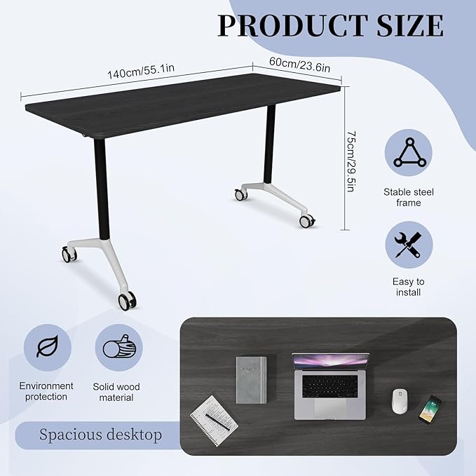 Conference Table, Folding Conference Room Tables, Modern Flip Top Seminar Training Meeting Table with Wheels, Modular Foldable Conference Tables for Home Office Classr (Black 2 Pack, 55.1inch)