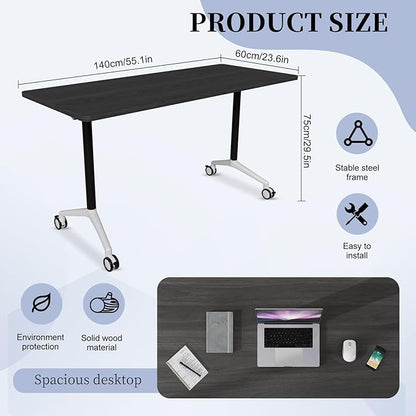 Conference Table, Folding Conference Room Tables, Modern Flip Top Seminar Training Meeting Table with Wheels, Modular Foldable Conference Tables for Home Office Classr (Black 2 Pack, 55.1inch)