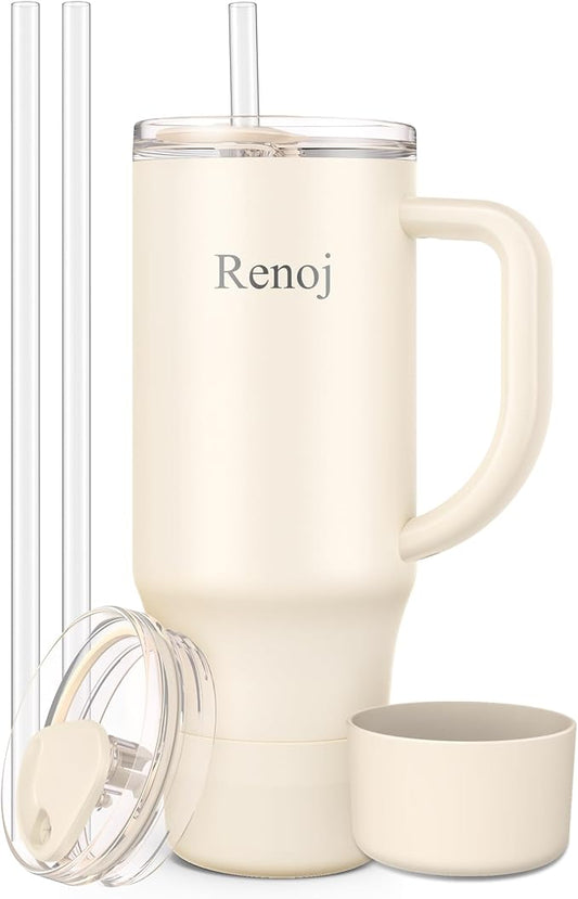 Renoj Tumbler with Handle 100% Spill Resistant Insulated Water Bottle for Iced Coffee & Hot Drinks - Fits Car Cup Holder, Ideal Gift, 2 Straws & Silicone Boot BPA-Free - FlexSlide White 32 oz