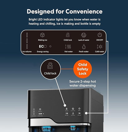 IKT Self Cleaning 4 in 1 Water Cooler Dispenser with Ice Maker for 5 Gallon Bottle Bottom Load 22lbs Daily Capacity Child Safety Lock Empty Bottle Light Black