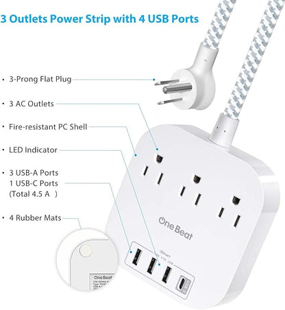 Power Strip - 10ft Long Extension Cord with USB C Ports, 3 Outlets 4 USB Desktop Charging Station, Flat Plug Power Strip Non Surge Protector for Cruise Ship, Travel Essetials, ETL Listed