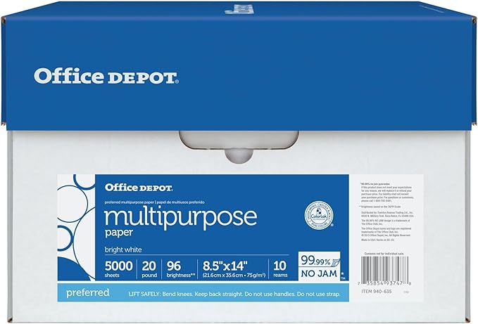 Office Depot Extra Bright Copy Paper, 8 1/2in. x 14in. Legal, 20 Lb., 90 Brightness, Case Of 10 Reams
