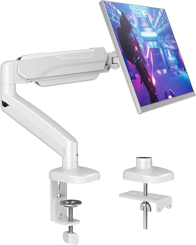 MOUNTUP Single Monitor Desk Mount Holds Screen up to 32 inch, Adjustable Gas Spring Monitor Arm, Computer Monitors Stand with Clamp/Grommet Mounting Base, VESA Mounts Fit 4.4-17.6lbs Computer, White